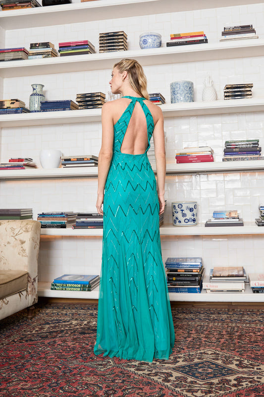 Nirav Vestido Longo de Festa em Seda Fluida com Pedraria Bordada à Mão e Decote Halter