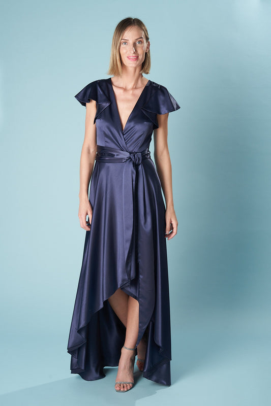 Vestido Granada de Cetim Elegante com Laço na Cintura e Silhueta Cruzada para Eventos