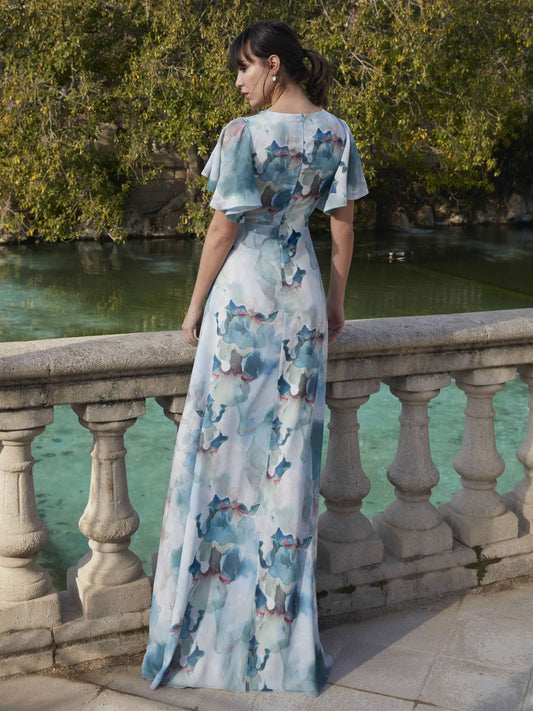 Vestido Longo Em Crepe Fluido De Toque Suave Com Mangas Capa Silhueta Etérea Córdoba Elegante Para Eventos Românticos
