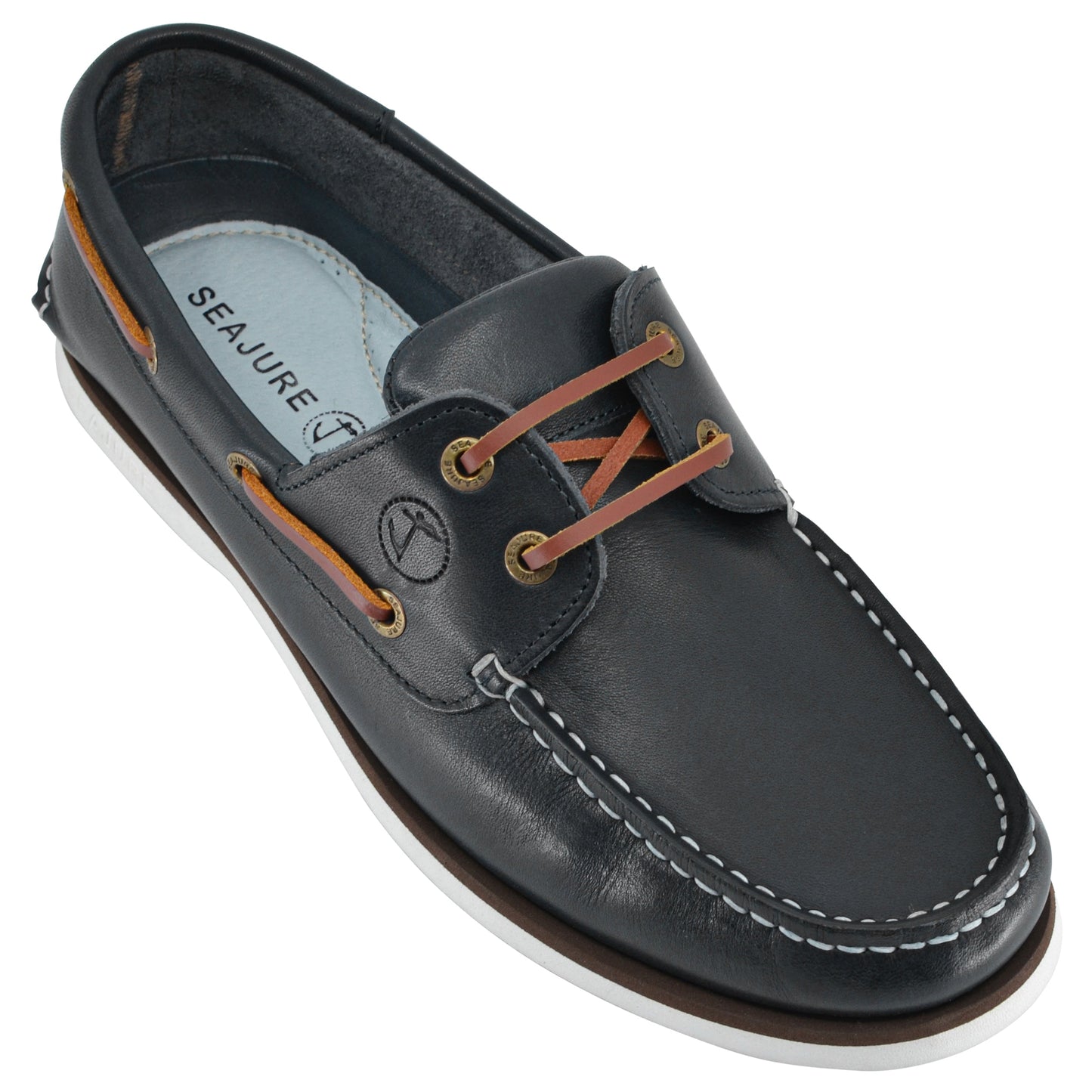 Sapato náutico masculino Zlatni em couro preto, cadarços marrons, sola branca e olhos metálicos.