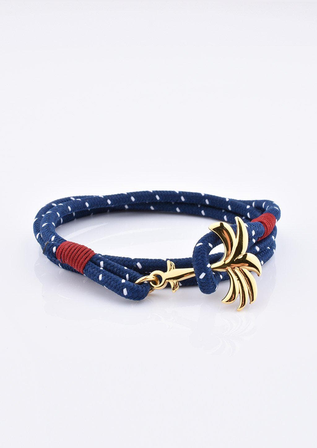 Pulseira Palmband Seven Seas Triple De Nylon Trançado Azul E Branco Com Pingente Palmeira Dourado