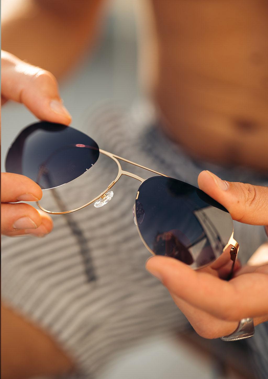 Óculos de Sol Aviador de Titânio Banho de Ouro 24K V2 Luxo com Lentes Intercambiáveis