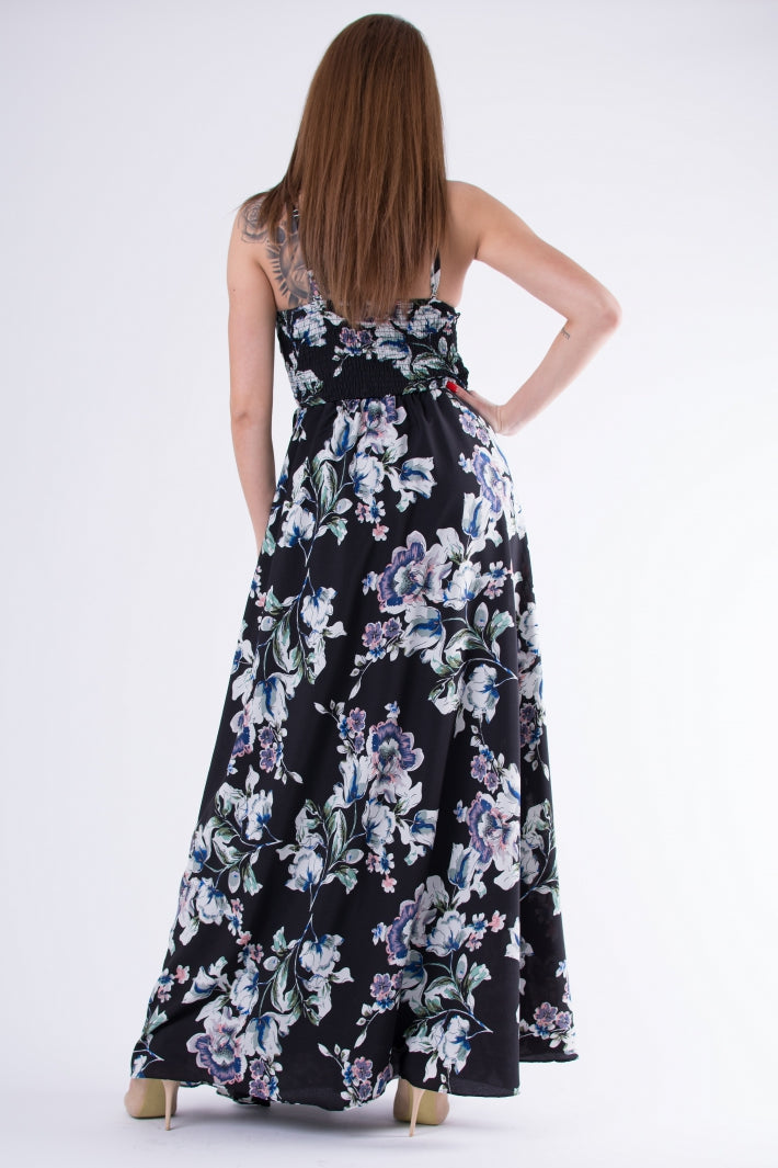Vestido Longo Floral Eva e Lola Preto Real Elegante com Recorte Estratégico que Valoriza a Silhueta