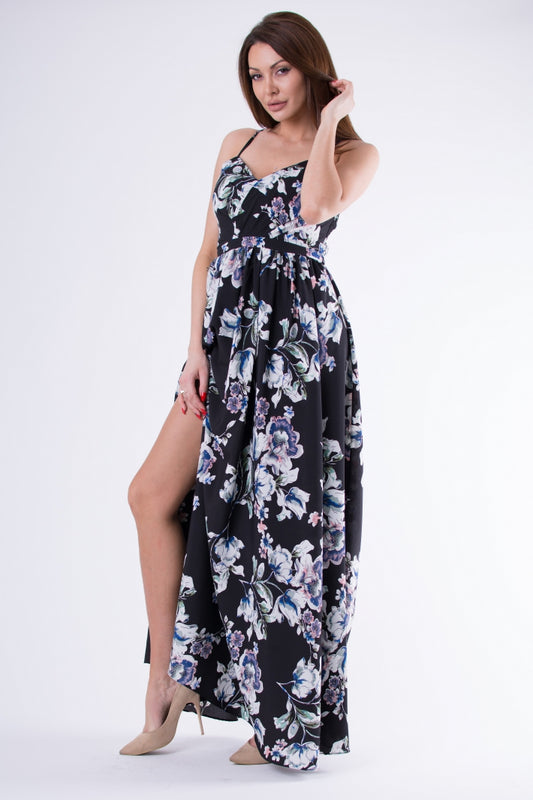 Vestido Longo Floral Eva e Lola Preto Real Elegante com Recorte Estratégico que Valoriza a Silhueta