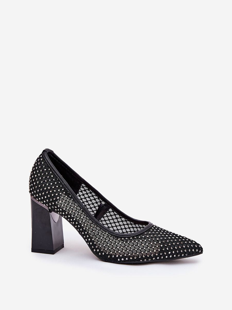 Scarpins Vinceza Salto Bloco 209779 Tela Elegantes Com Ponta Fina E Palmilha Em Couro