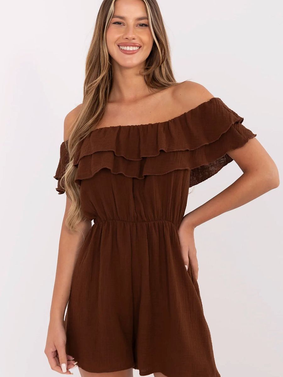 Macacão Leve De Verão Italy Moda Modelo 213848 Em Algodão Natural 100 Por Cento Muslin Respirável Ombro A Ombro