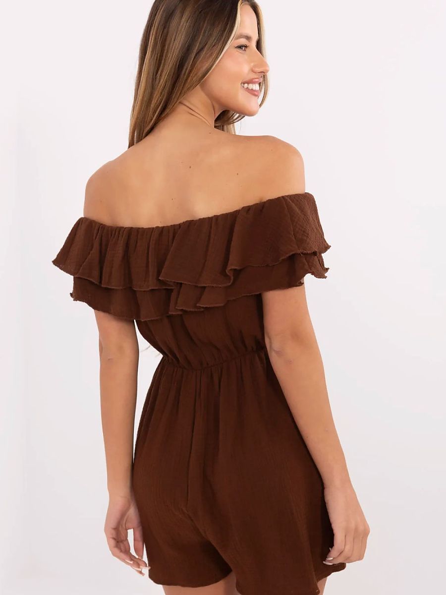 Macacão Leve De Verão Italy Moda Modelo 213848 Em Algodão Natural 100 Por Cento Muslin Respirável Ombro A Ombro