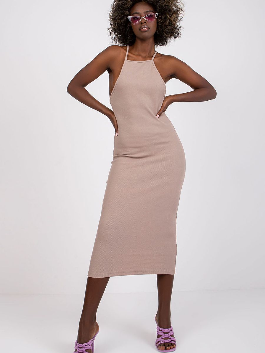 Vestido Lápis Midi Casual em Algodão Canelado com Elastano Alças Finas e Decote Quadrado Rue Paris