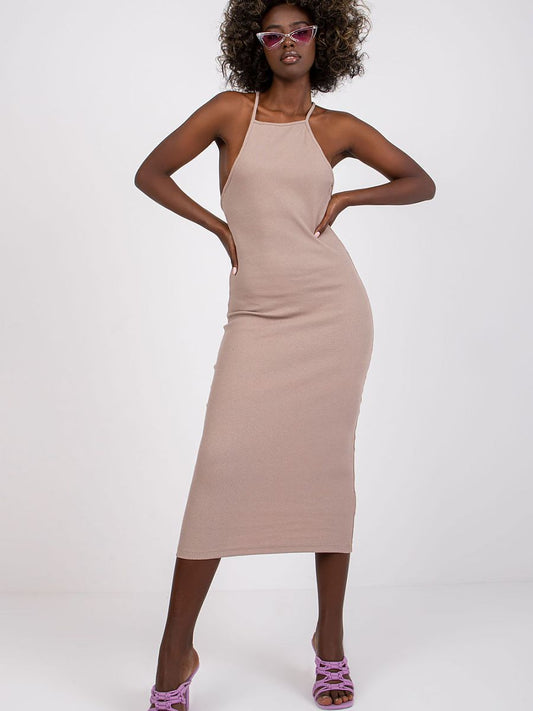 Vestido Lápis Midi Casual em Algodão Canelado com Elastano Alças Finas e Decote Quadrado Rue Paris