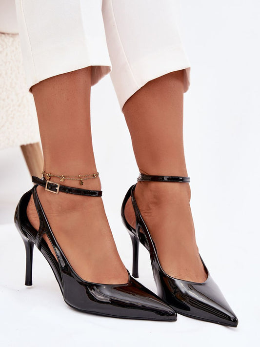 Sapatos de Salto Alto Femininos Modelo 221912 em Couro Ecológico Verniz com Fivela e Bico Fino