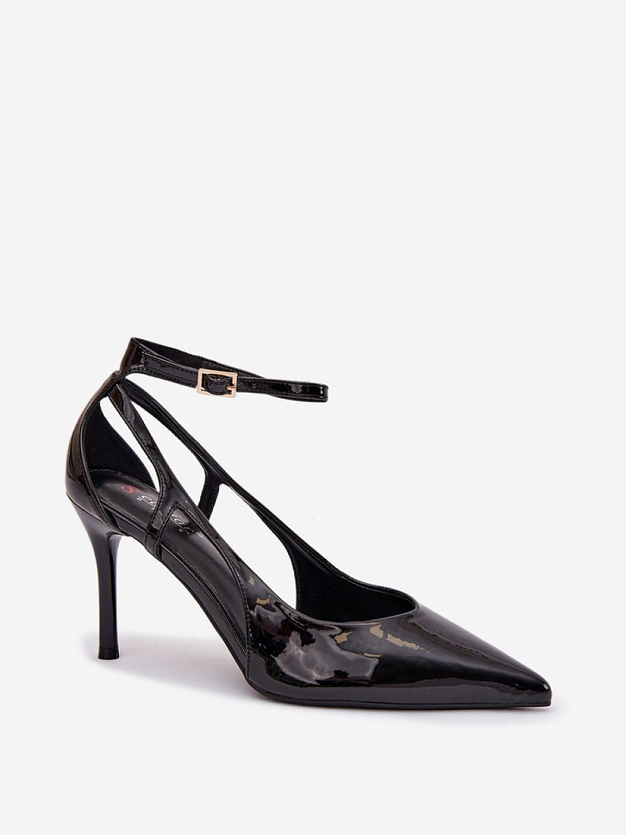 Sapatos de Salto Alto Femininos Modelo 221912 em Couro Ecológico Verniz com Fivela e Bico Fino