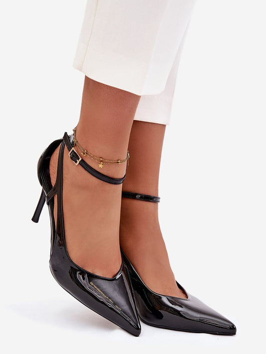 Sapatos de Salto Alto Femininos Modelo 221912 em Couro Ecológico Verniz com Fivela e Bico Fino