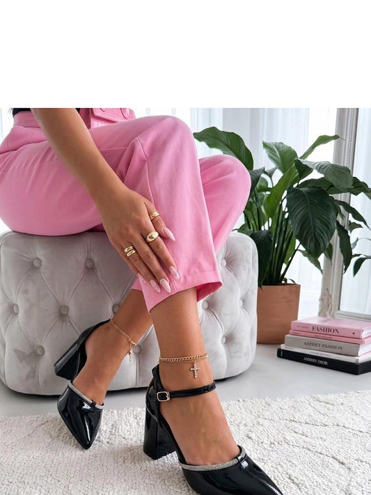 Sapatos de Salto Alto com Bloco em Couro Sintético e Zircônias Modelo 227730 Solea