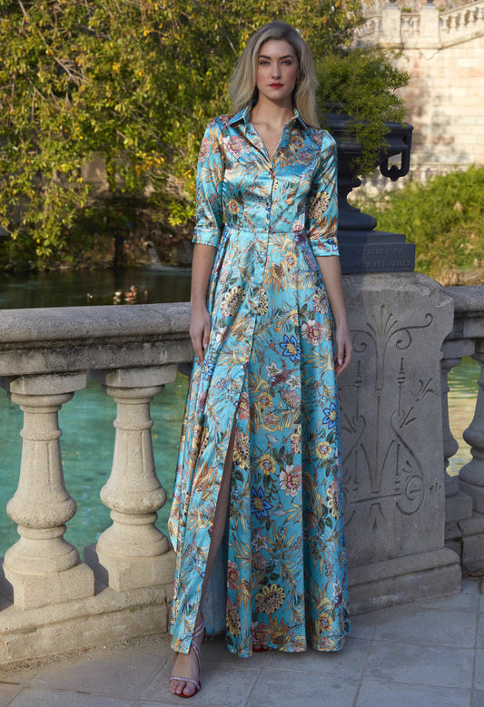 Vestido LUGO Floral Em Tons De Joia Com Caimento Fluido Longo Ideal Para Eventos Elegantes